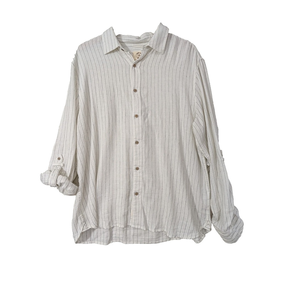 Panama Jack Linen Blend Button Up Shirt Mens XL White Black Striped Casual Beach